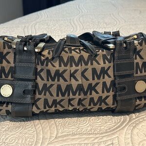 Michael Kors Brown Canvas MK Logo Satchel with Black Trim
